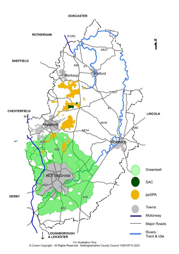 Map of Derby/Loughborough/Leicester - Nottingham - Chesterfield - Newark - Mansfield - Worksop - Retford - Sheffield - Rotherham - Doncaster area. On which greenbelt, SAC, ppSPA, Towns, motorway, major roads, rivers: Trent & Idle are identified. 