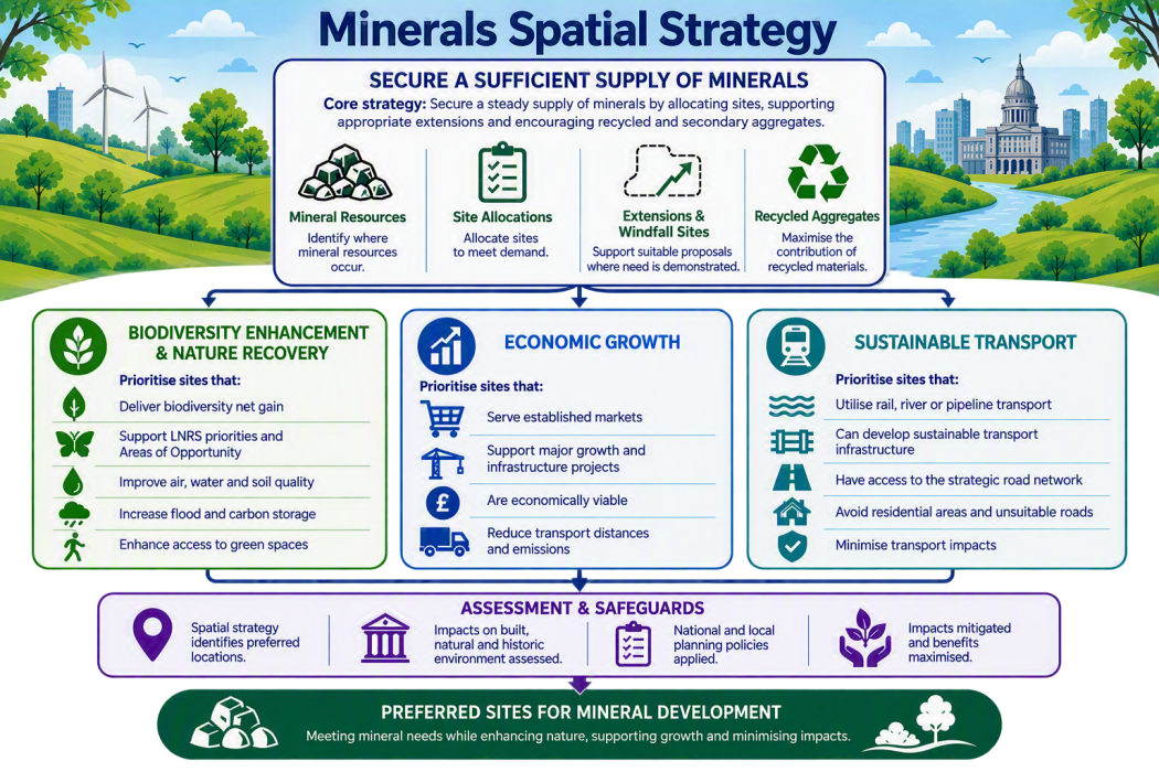 Infographic outlining the Minerals Spatial Strategy, detailing core strategies for securing mineral supply, biodiversity enhancement, economic growth, sustainable transport, and preferred site assessments.